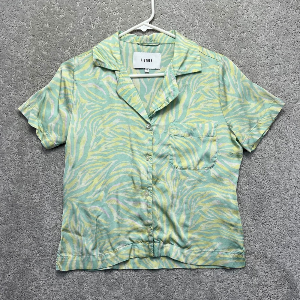 Pistola Camp Shirt Women XS Green Yellow Leaf‎ Print Button Down Rayon Blend
